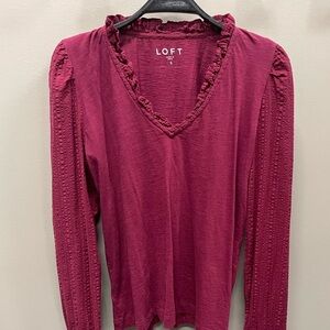 LOFT Women's Deep raspberry colored Ruffle V-Neck Long Sleeve Top
